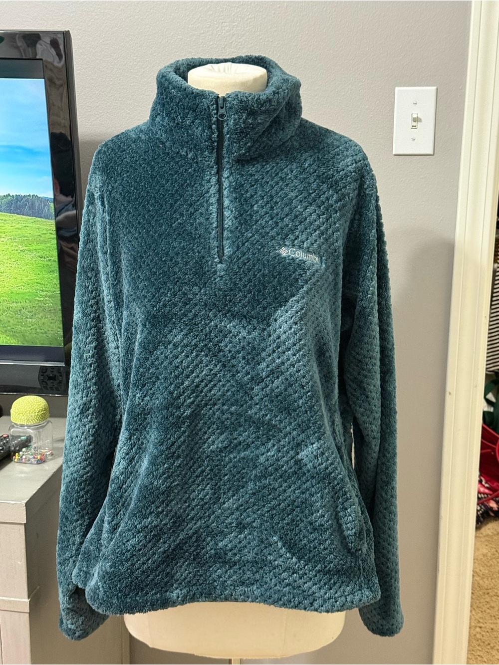 Columbia XXL Teal Plush Fleece Half Zip Pullover Jacket Cozy